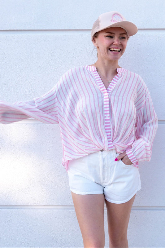 Stripe Twist Front Buttondown - Pink